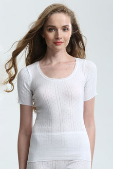  White Swan's Ladies Fancy Knit Short Sleeve Top, White